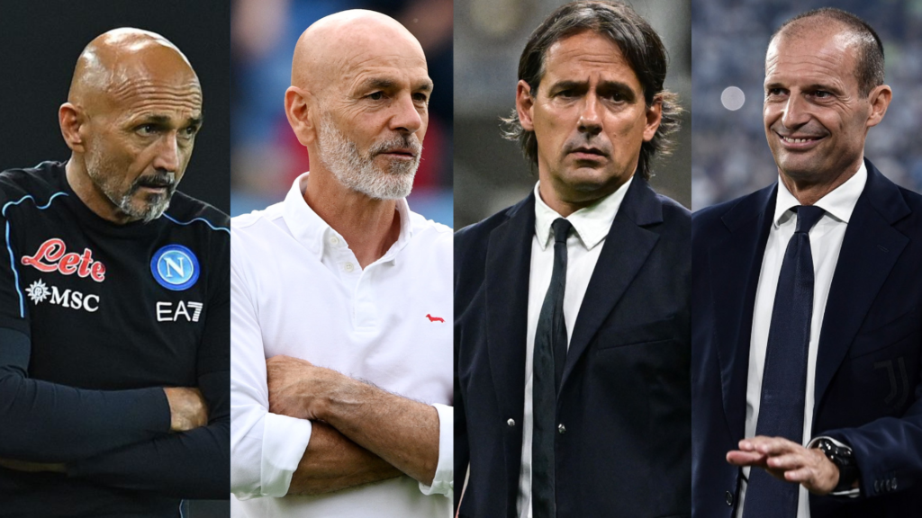 Da sinistra: Spalletti (Napoli), Pioli (Milan), Inzaghi (Inter) e Allegri (Juventus). Gli allenatori più attesi alla ripartenza della Serie A