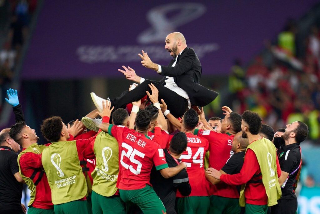 Il Marocco festeggia la vittoria negli ottavi di Qatar 2022 contro la Spagna